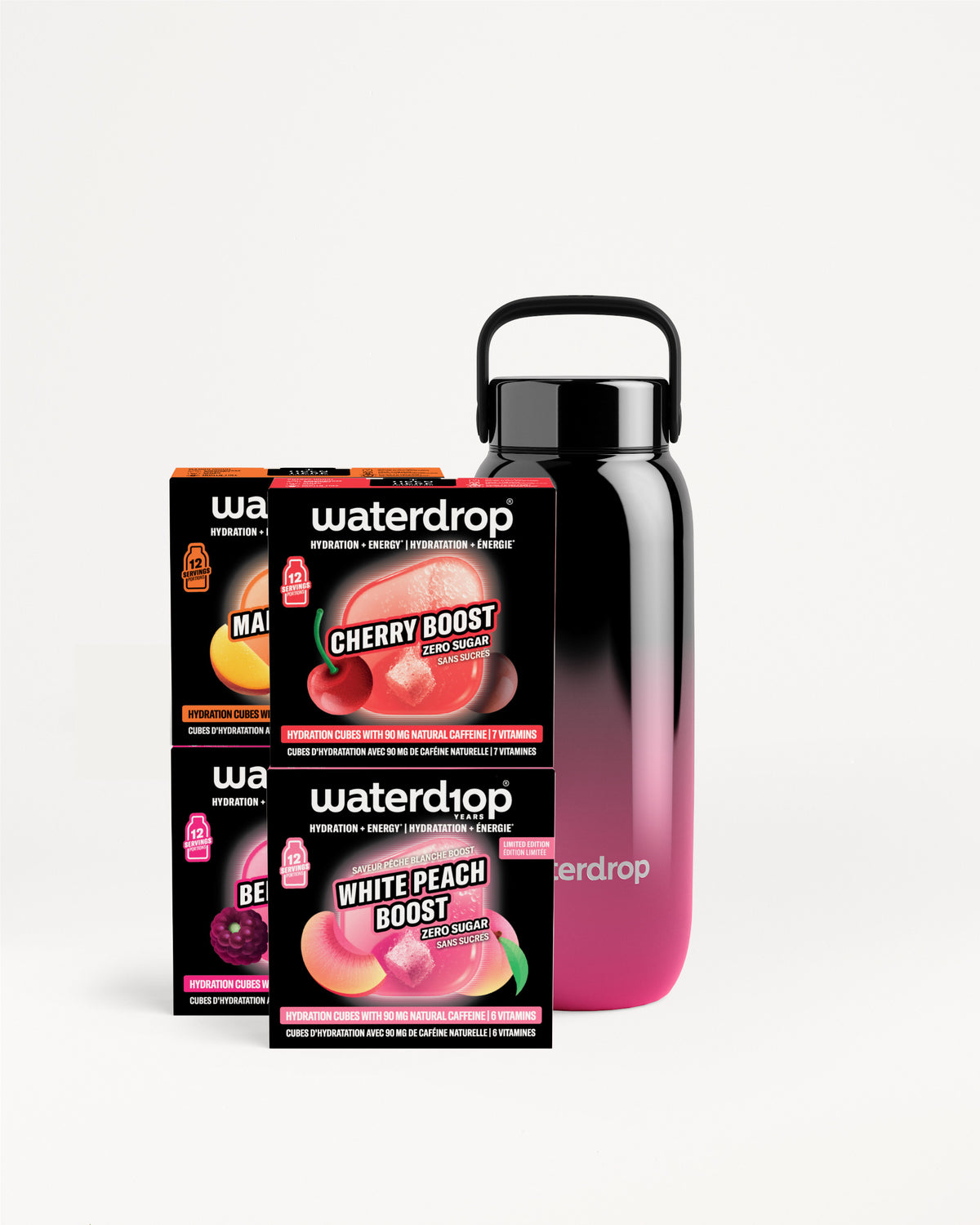 Set Waterdrop dodataka za ukus i boca sa gradijentom od ružičaste do crne.