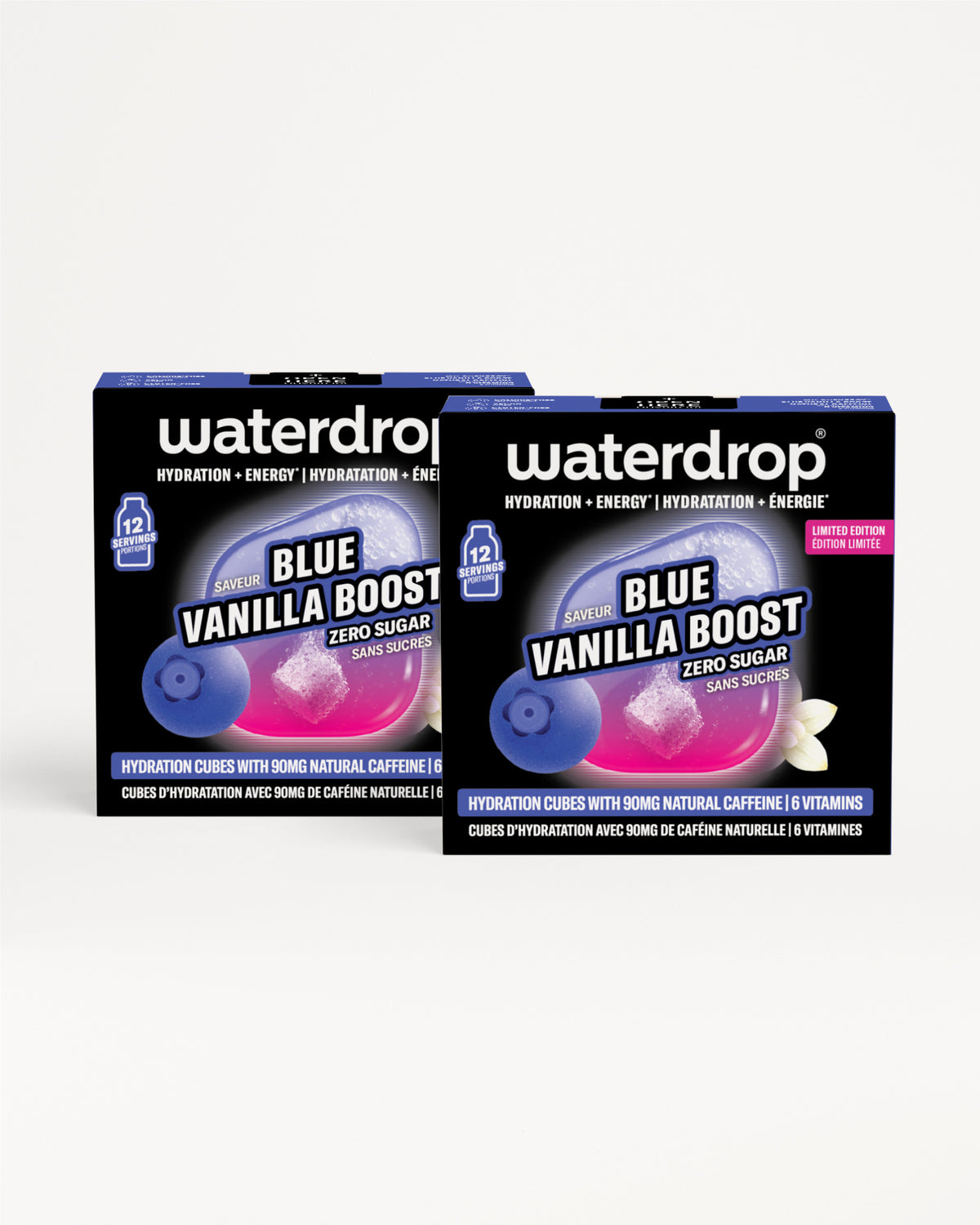 Dve plave kutije Blue Vanilla Boost hidratacionih kocki na beloj pozadini.