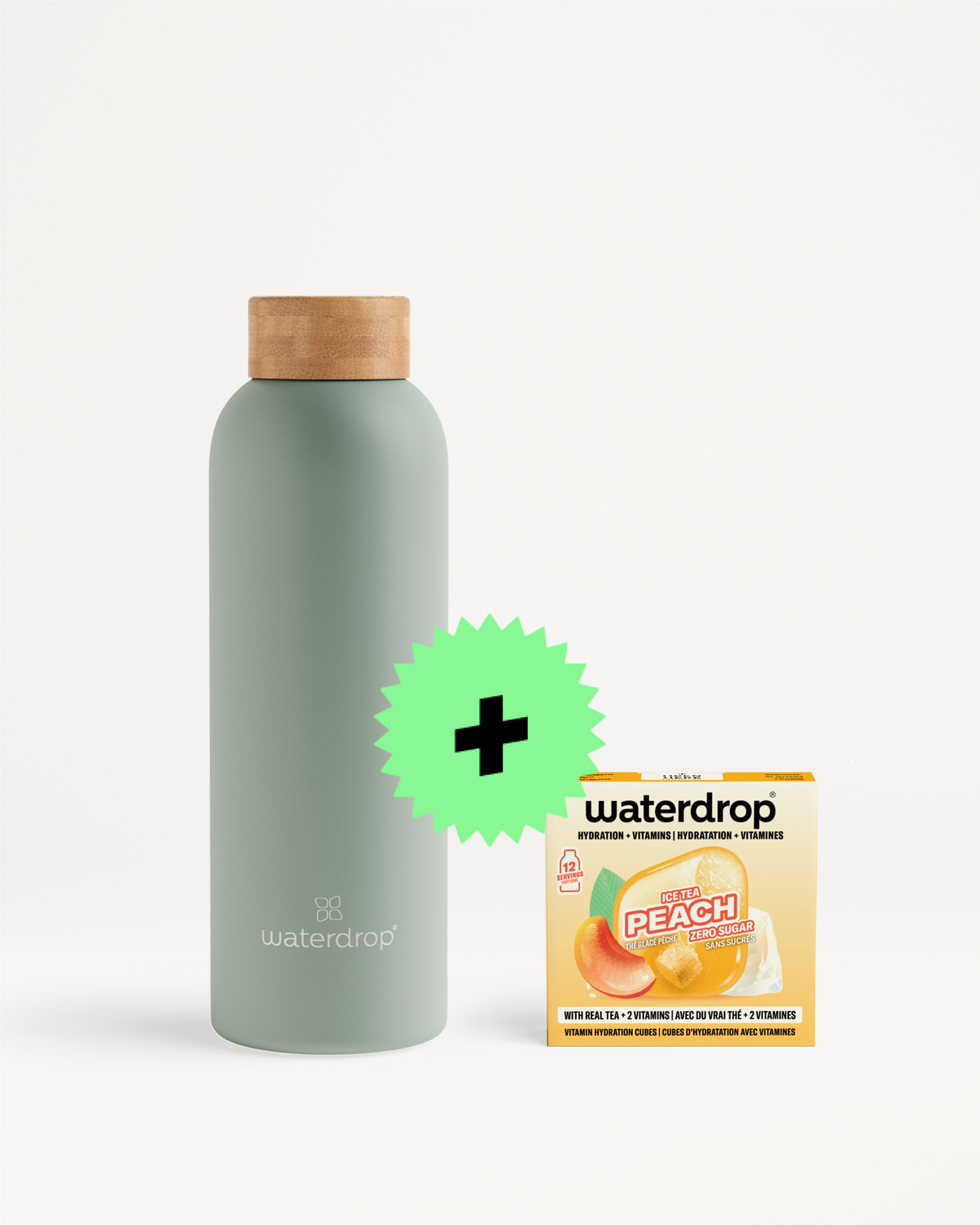 Grey-green insulated bottle with a wooden cap beside a peach-flavored water flavoring box and a bright green starburst plus icon.