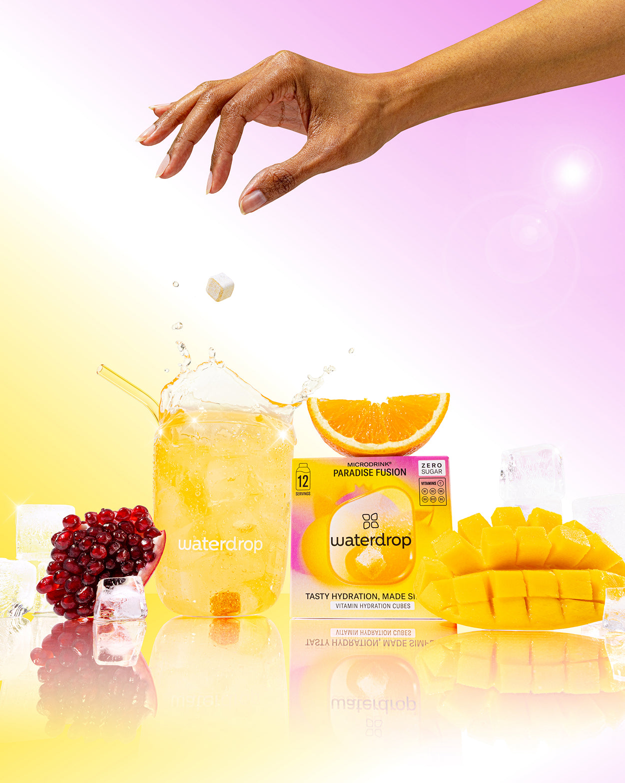 Hydration Megapack Bottle Set with Paradise Fusion cubes and fresh fruits.