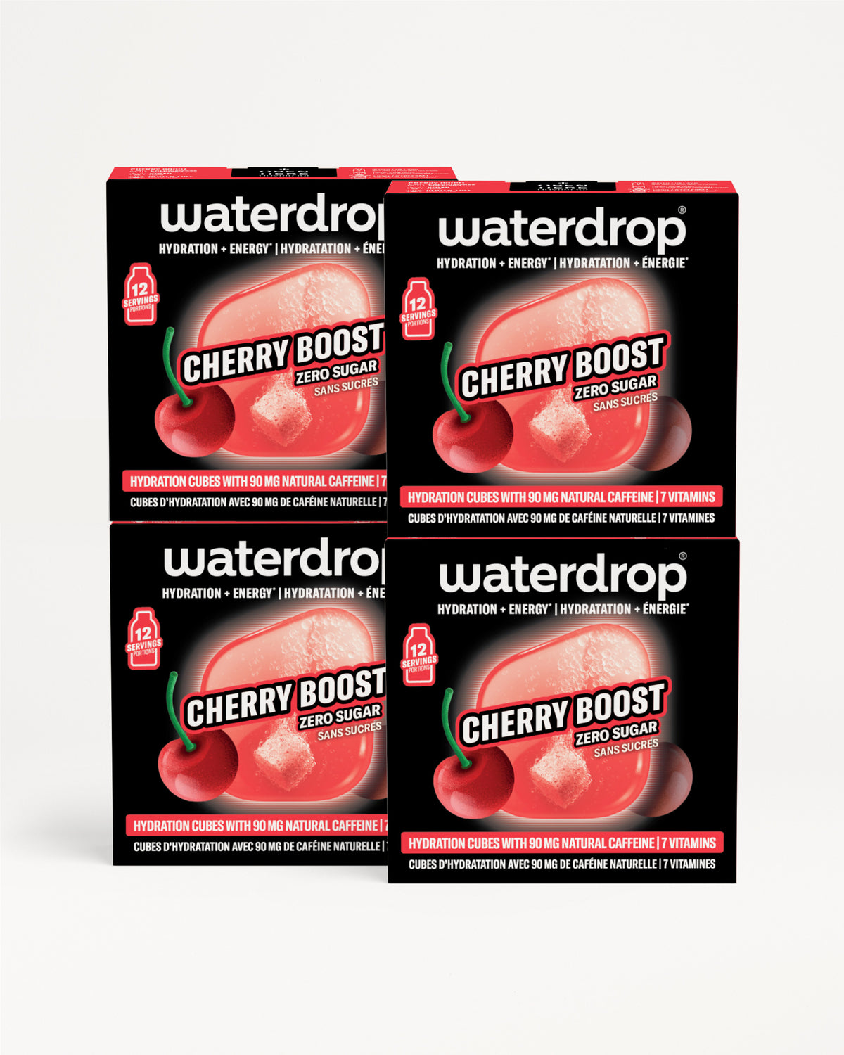 Četiri kutije Waterdrop Cherry Boost za hidrataciju raspoređene u 2x2 mrežu.