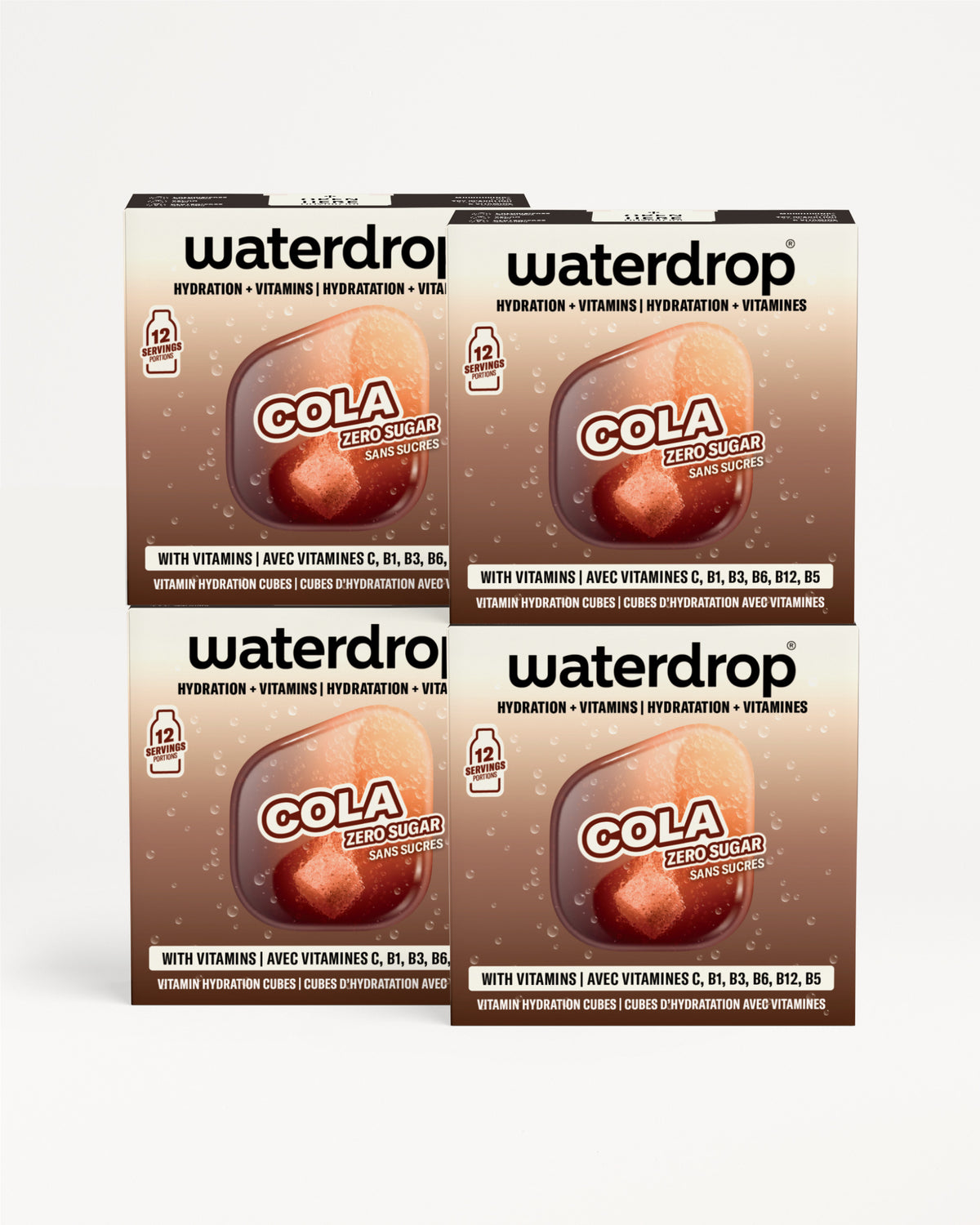 Četiri kutije Waterdrop ukusa cola poređane u mrežu 2x2.