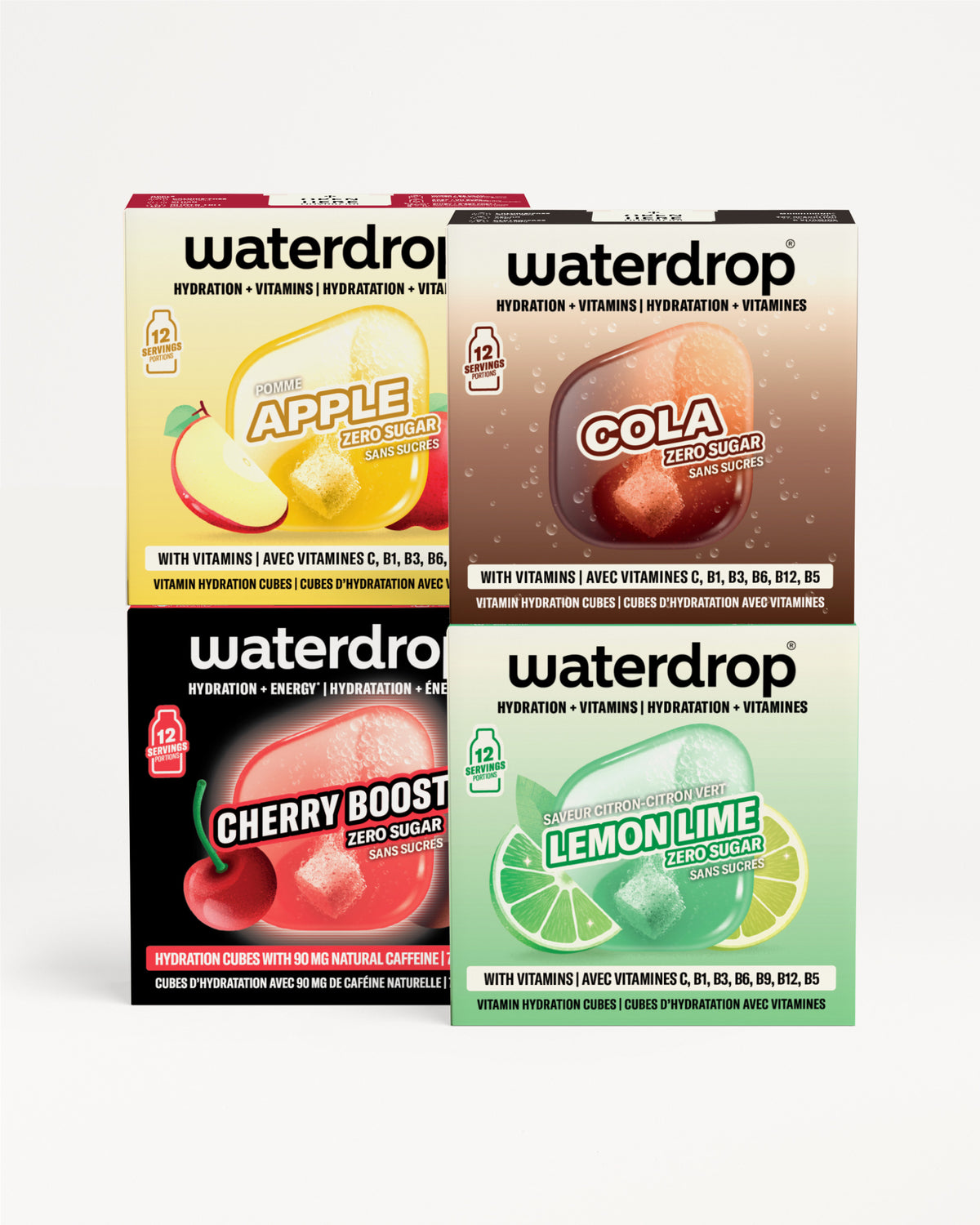 Četiri Waterdrop kutije za hidrataciju poređane u 2×2 mrežu sa četiri ukusa: Apple, Cola, Cherry Boost i Lemon Lime.