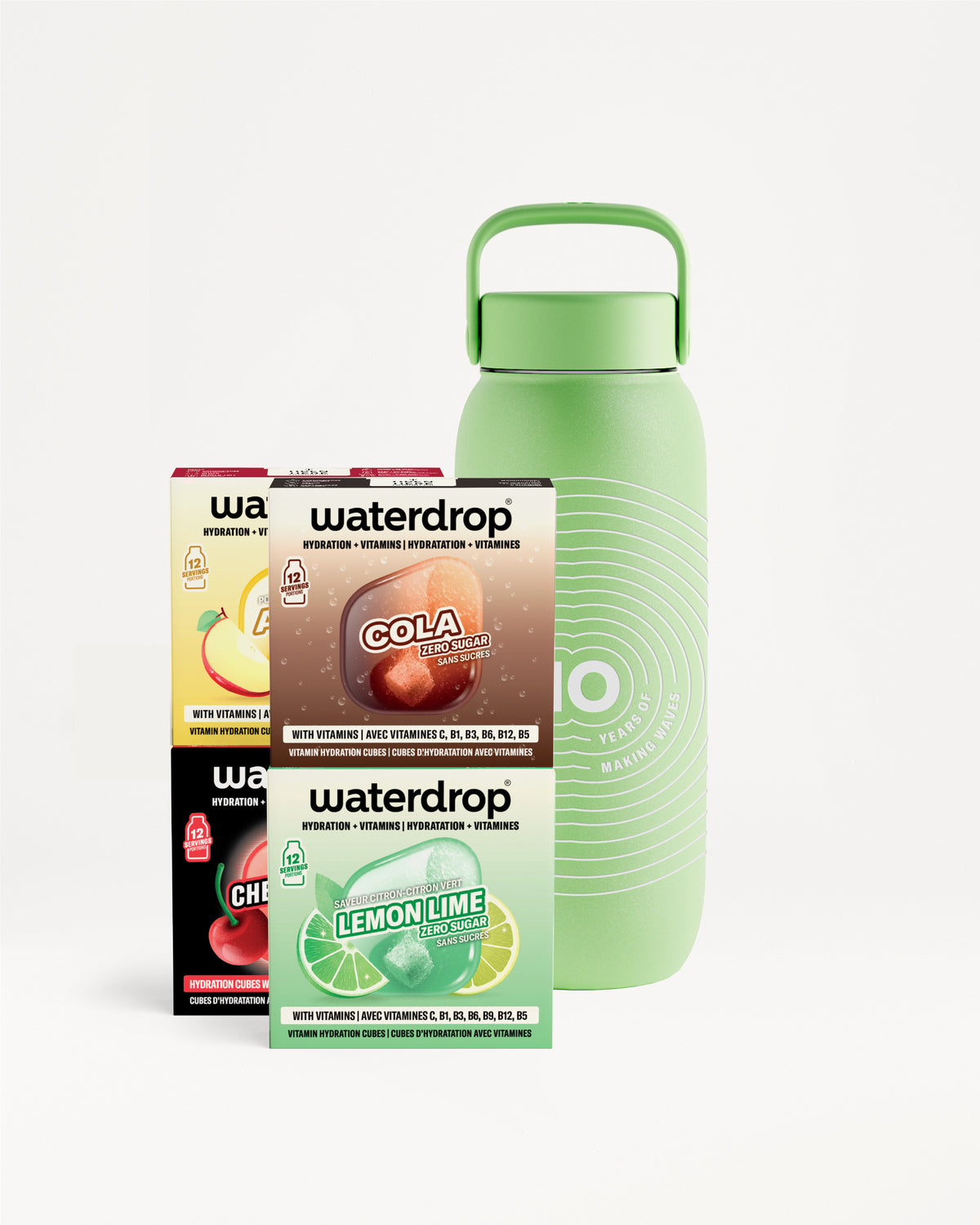 Raznovrsne kutije Waterdrop mešavina ukusa uz veliku zelenu ponijeti bocu.