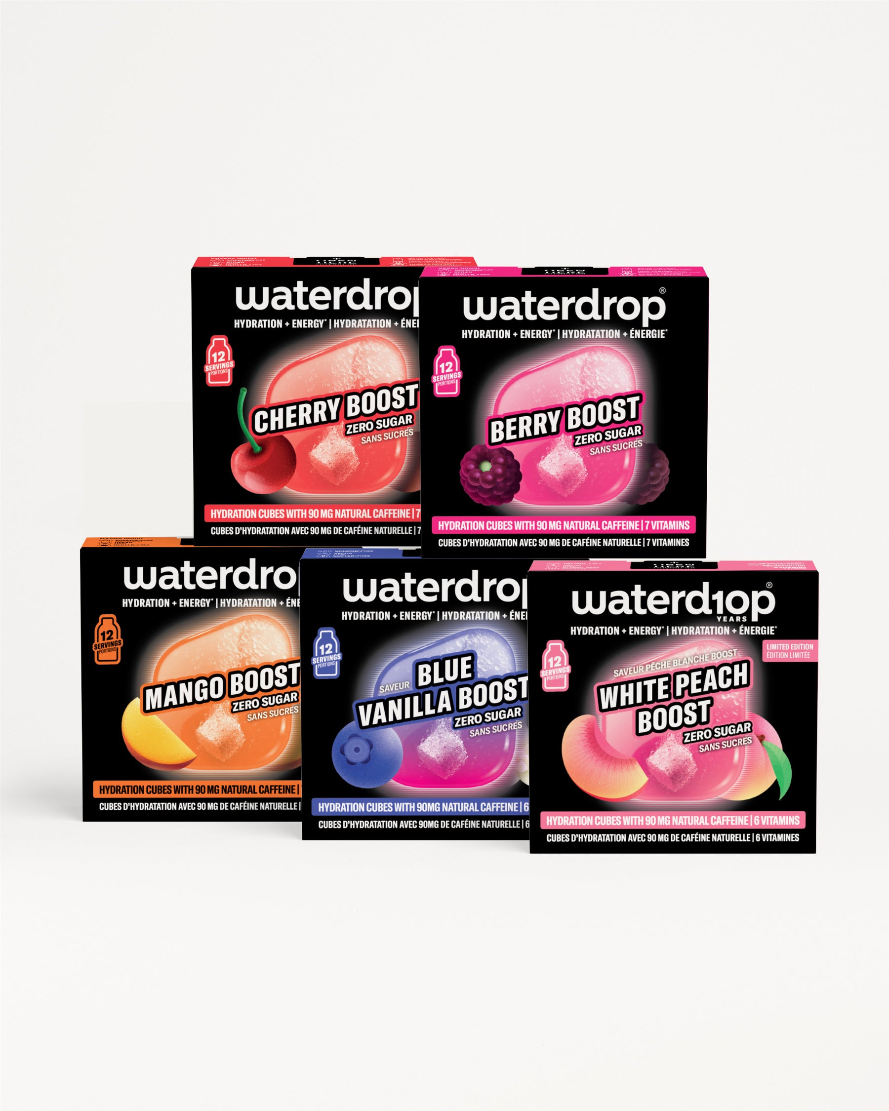 Kolekcija kutija Waterdrop Boost ukusa poređana u dva reda.