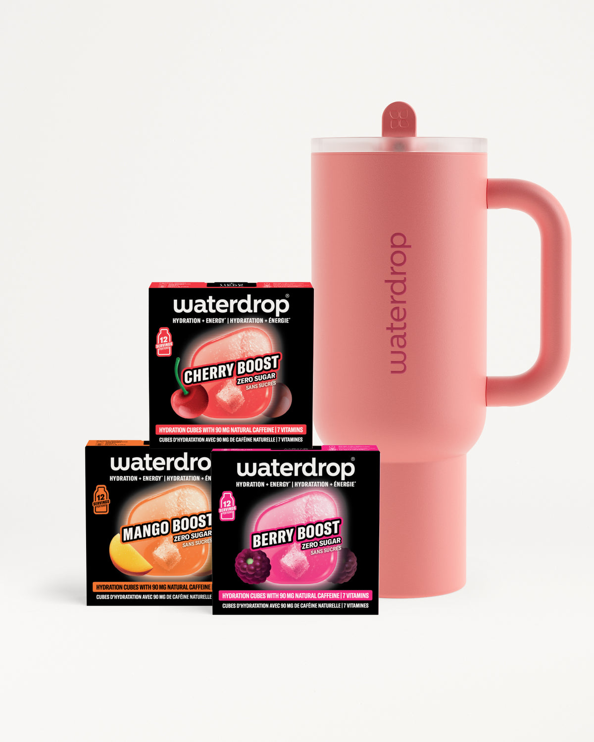 Roze boca sa drškom pored tri crne kutije Waterdrop ukusa.