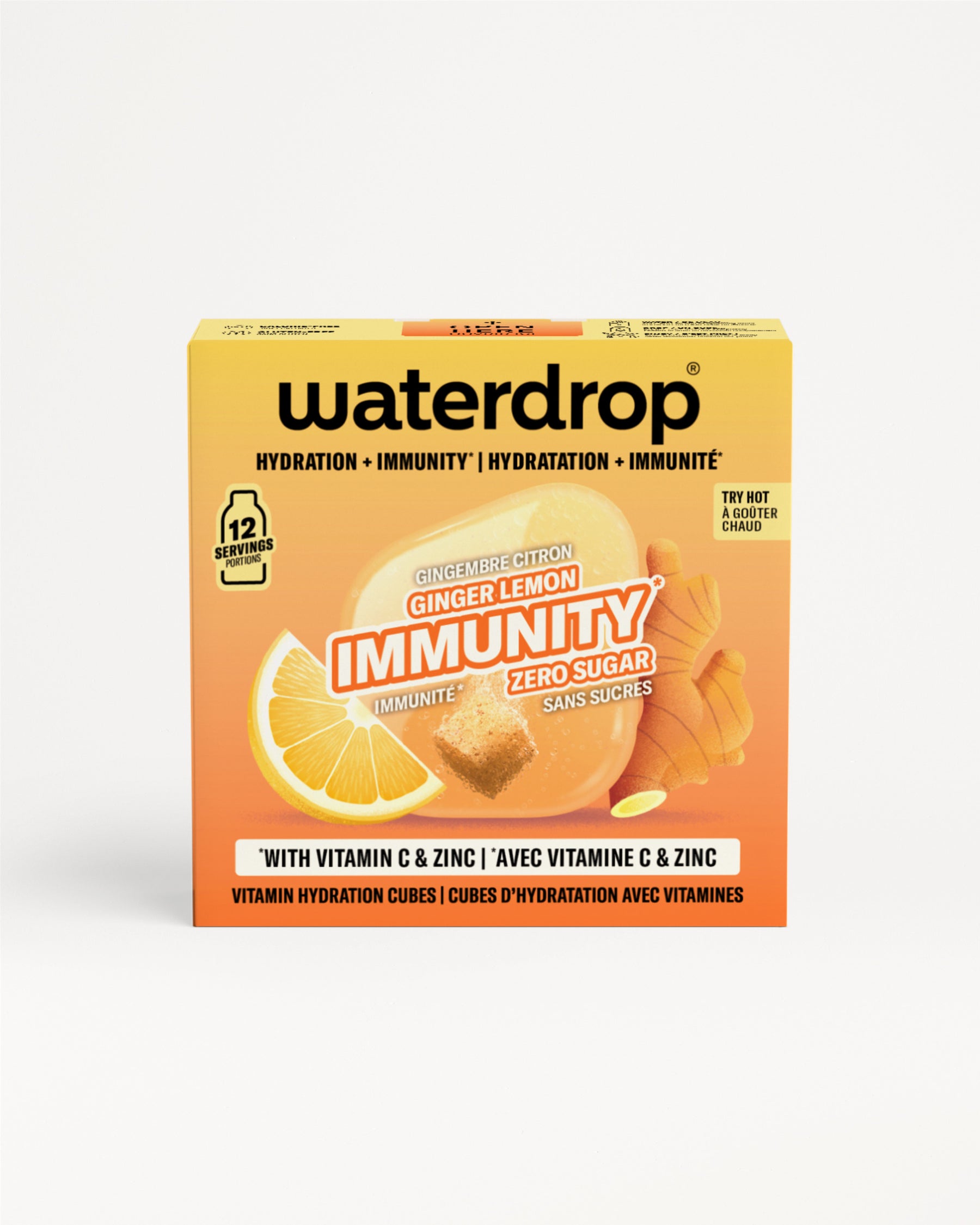 Narandžasta kutija Waterdrop imunost za imunitet sa prikazom limuna i đumbira.