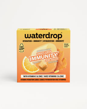 Narandžasta kutija Waterdrop imunost za imunitet sa prikazom limuna i đumbira.