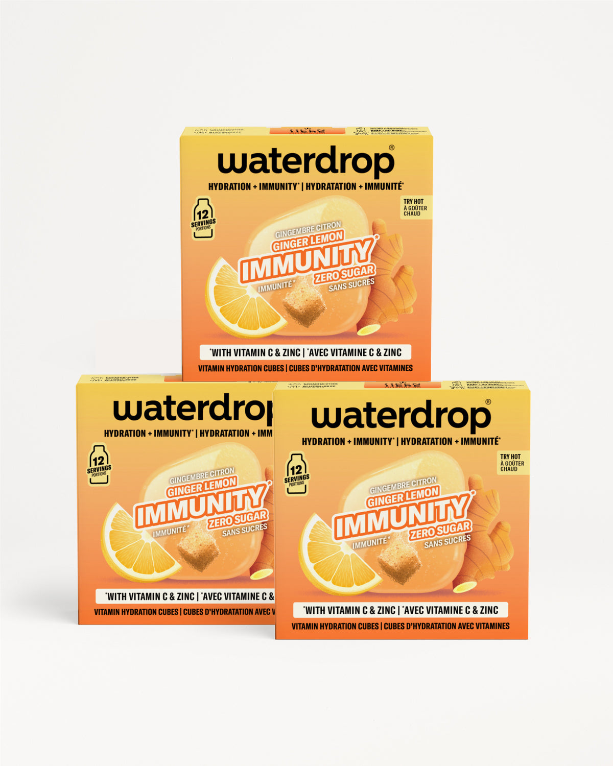 Tri narandžaste kutije Waterdrop Immunity s vitaminom C i cinkom, poređane u piramidu.