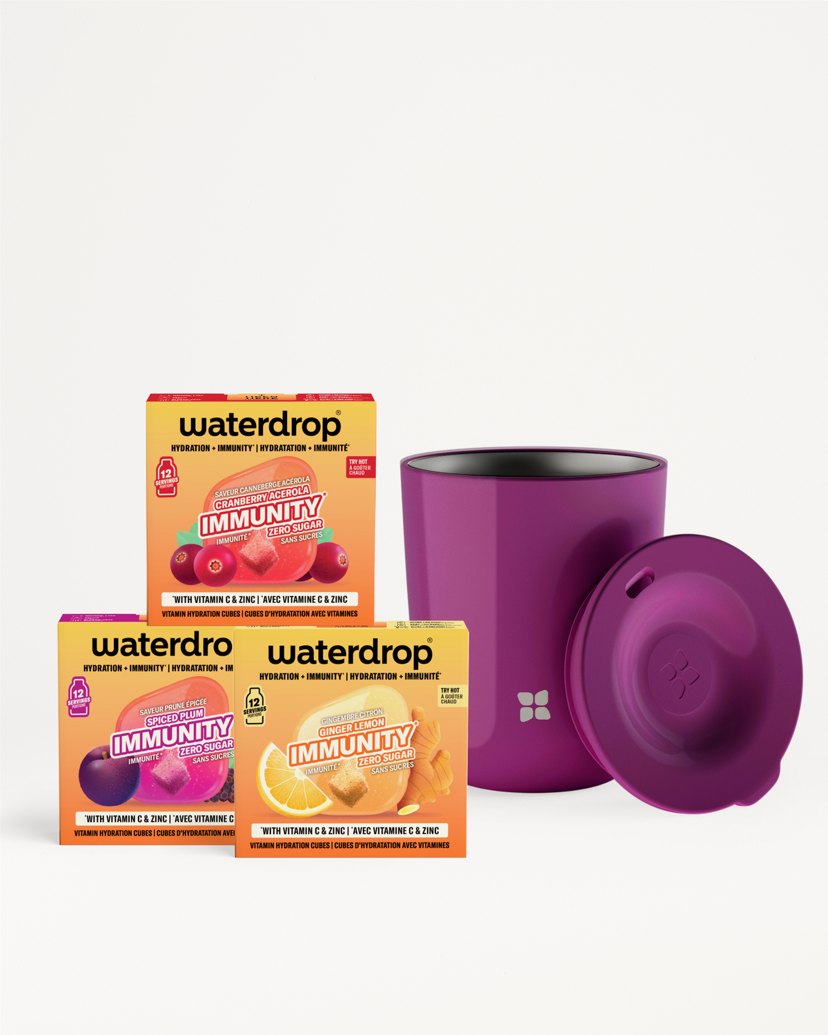Tri kutije Waterdrop Immunity uz ljubičastu izolovanu šolju sa poklopcem.