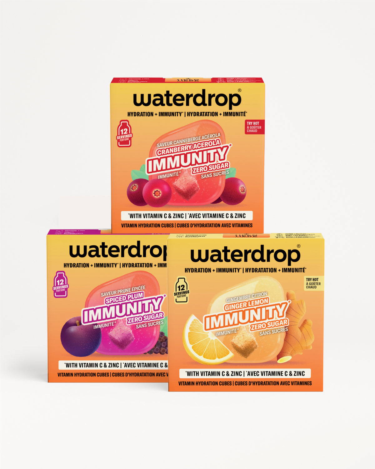Tri kutije Waterdrop Immunity složene u piramidu na beloj pozadini.