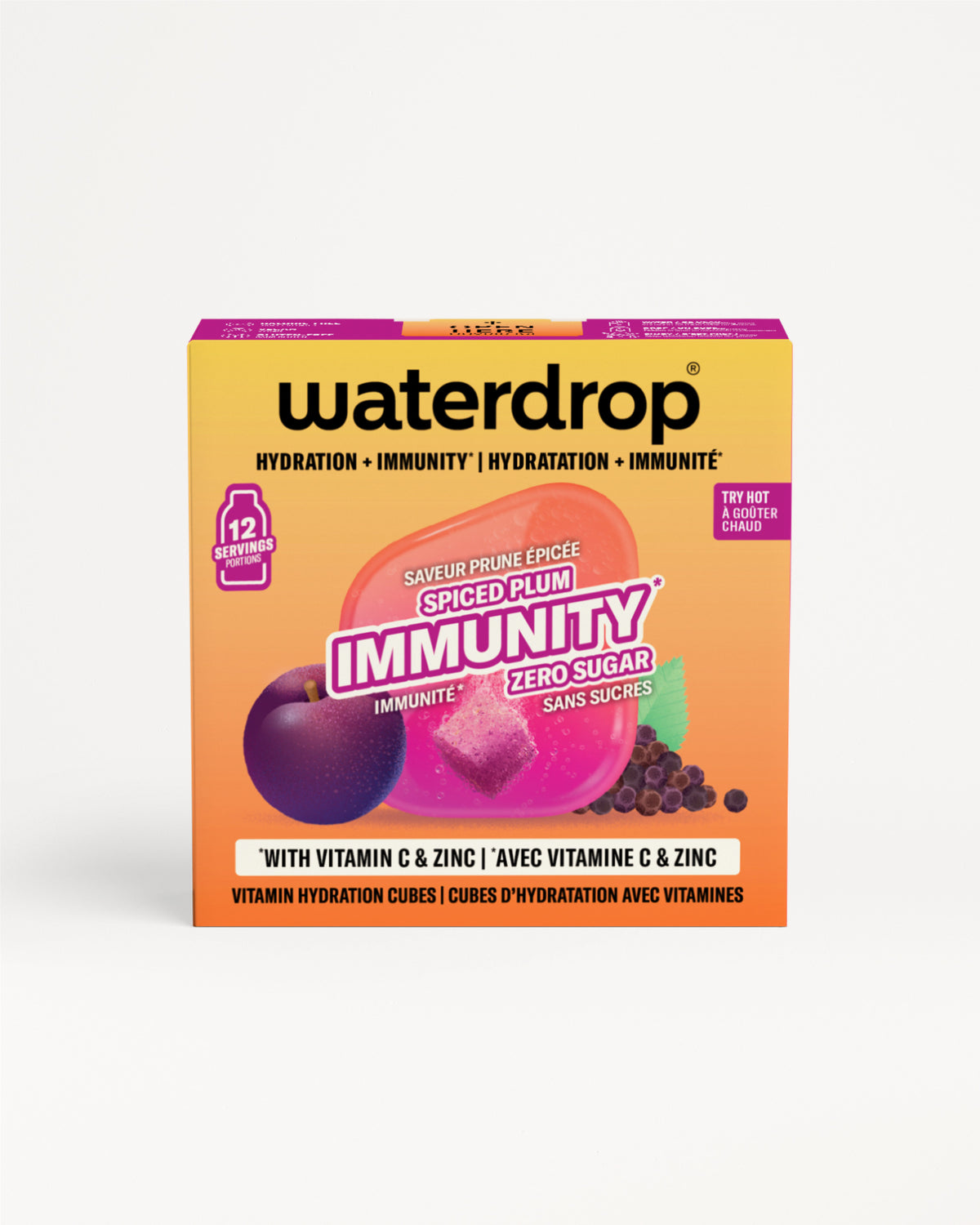 Žuta i ljubičasta kutija Waterdrop imunost vitamini kockice na beloj pozadini.