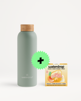 Grey-green insulated bottle with a wooden cap beside a peach-flavored water flavoring box and a bright green starburst plus icon.