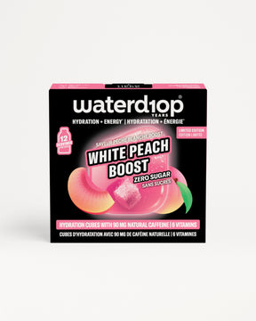 Mala crna kutija Waterdrop White Peach Boost hidratacione kockice bez šećera.